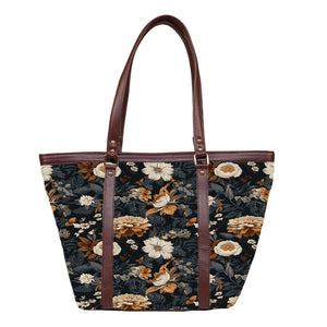 Floral Browns - Vegan Leather Tote Bag Strapped