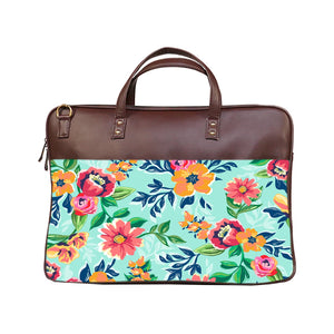 Floral Serene - Premium Canvas Vegan Leather Laptop Bags (with side pocket)