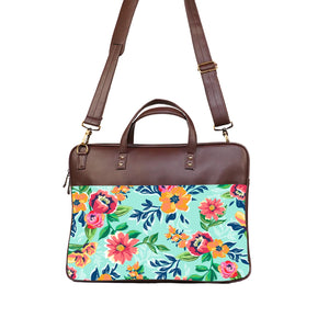 Floral Serene - Premium Canvas Vegan Leather Laptop Bags (with side pocket)