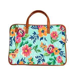 Floral Serene - Premium Canvas Vegan Leather Laptop Bags (optional side straps)