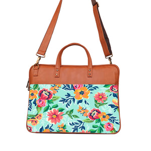 Floral Serene - Premium Canvas Vegan Leather Laptop Bags (with side pocket)