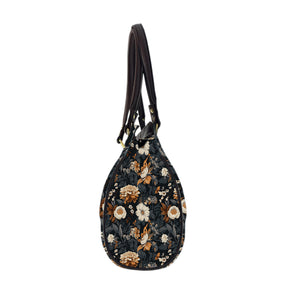 Floral Browns Oval Handbag - Canvas and Vegan Leather