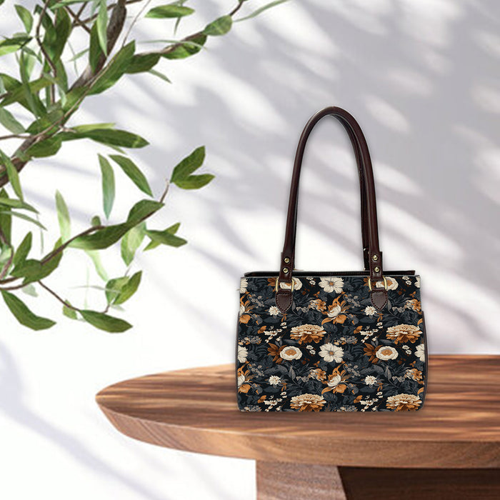 Floral Browns Oval Handbag - Canvas and Vegan Leather