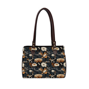 Floral Browns Oval Handbag - Canvas and Vegan Leather