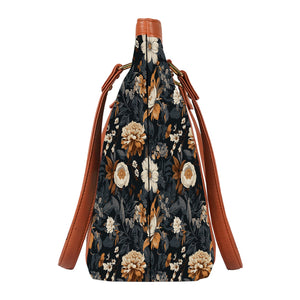 Floral Browns - Vegan Leather Tote Bag Strapped