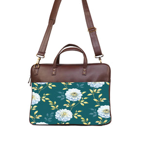 Floral Elegance - Premium Canvas Vegan Leather Laptop Bags (with side pocket)