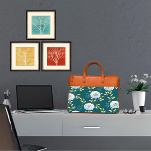 Floral Elegance - Premium Canvas Vegan Leather Laptop Bags (with side pocket)