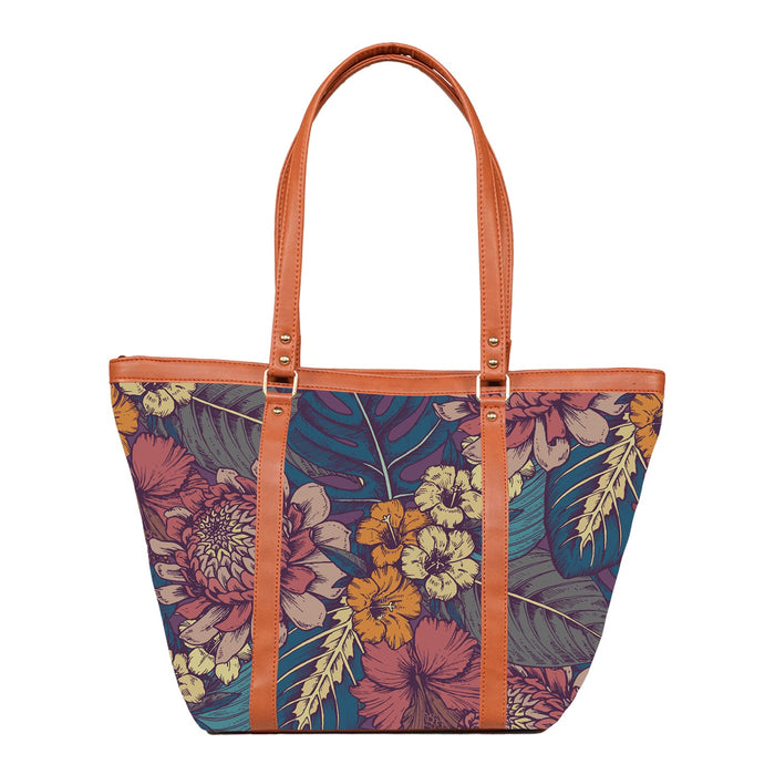 Floral Pop Art - Vegan Leather Tote Bag Strapped