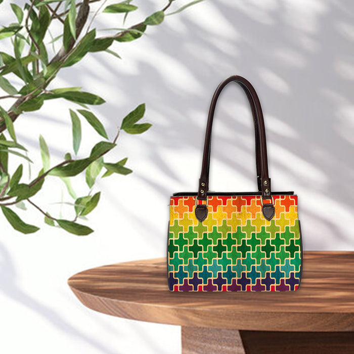 Cubes Connected Oval Handbag - Canvas and Vegan Leather